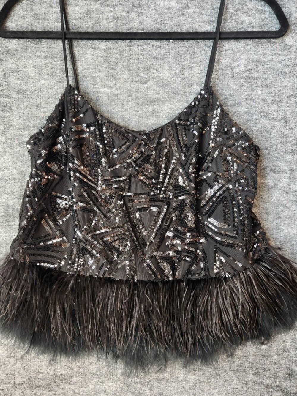 Ark & Co Geometric Sequin Camisole Tank Top Size S Black Feather Hem Glam